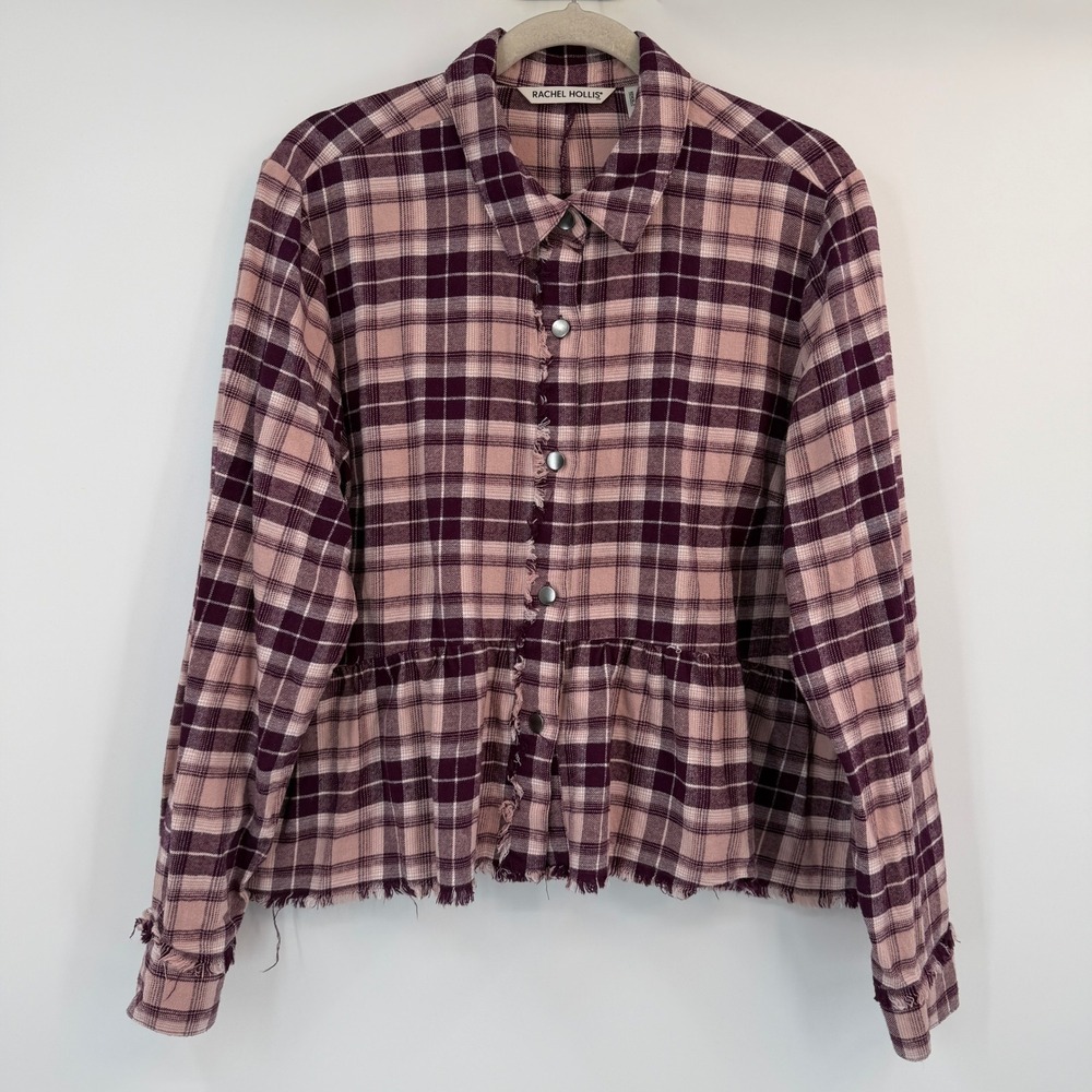 Rachel Hollis LTD Plaid Peplum Top Burgundy Pink Cotton Raw Hem Snap Front Sz 16